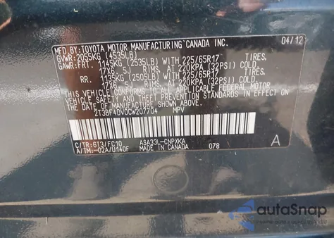 2012 Toyota Rav4 из США, поврежденный, VIN 2T3BF4DV0CW207704